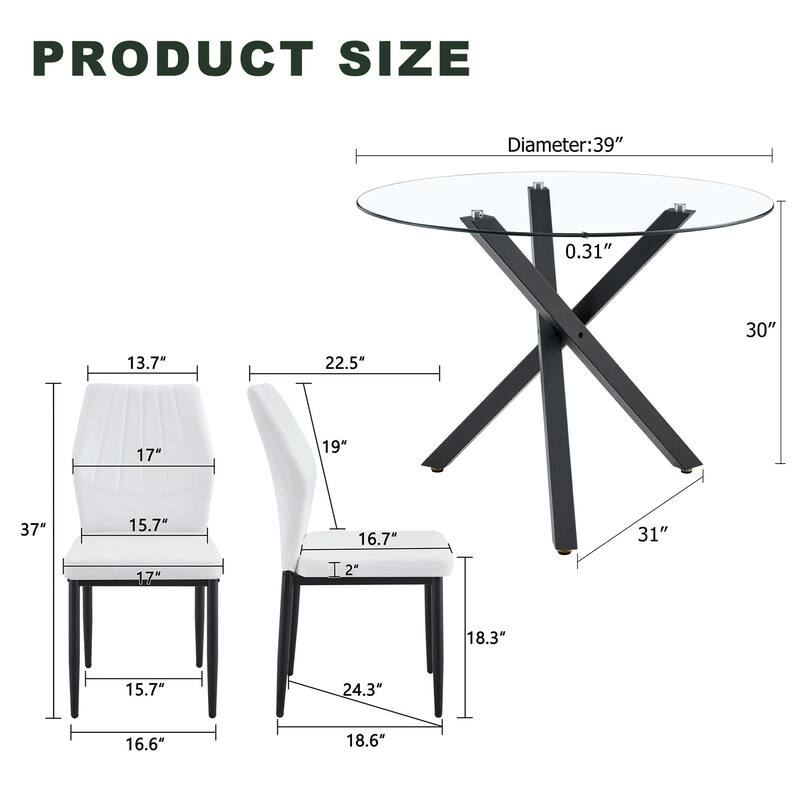 Table and chair set.Modern glass round table: X-shaped black metal bracket. Paired with 4 Dining Chairs