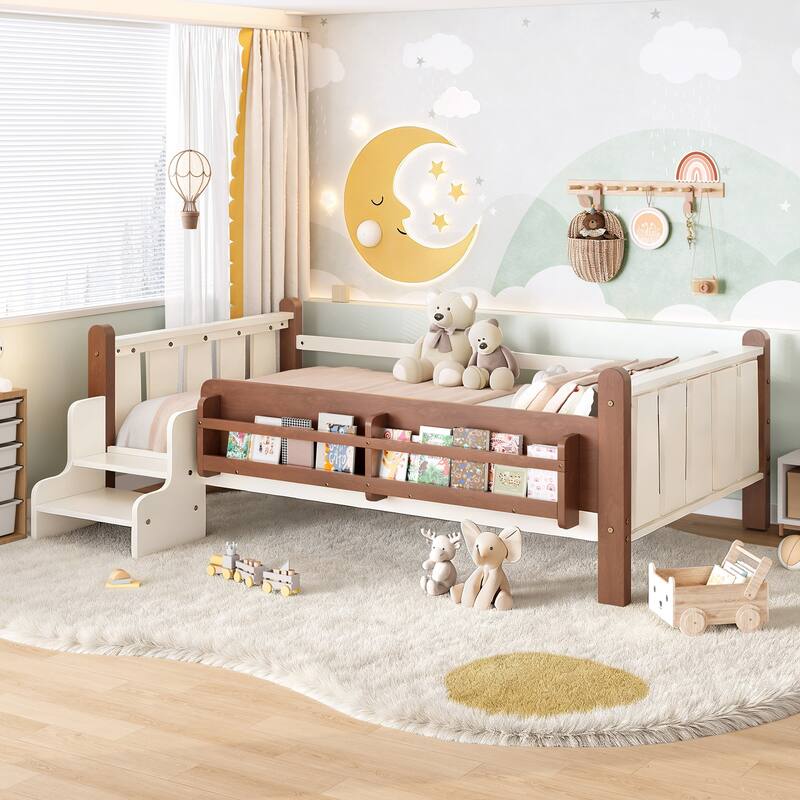 Full/Twin Floor Bed with Storage Bookcases & Cute Stairs - Solid Wood Kids Bed, No Box Spring