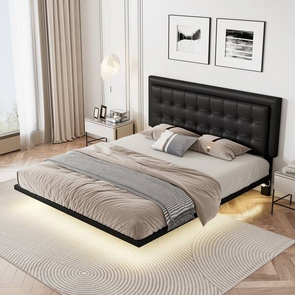Queen Size Black Floating Upholstered Bed with PU Platform Bed Frame Bed Bath & Beyond 39151488
