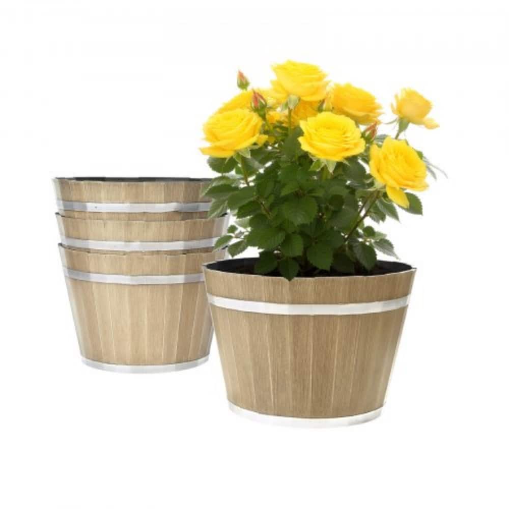 4-Pack Whiskey Barrel Plant Pots with Drainage Holes, 11.8" - 11.81 x 8.27 in