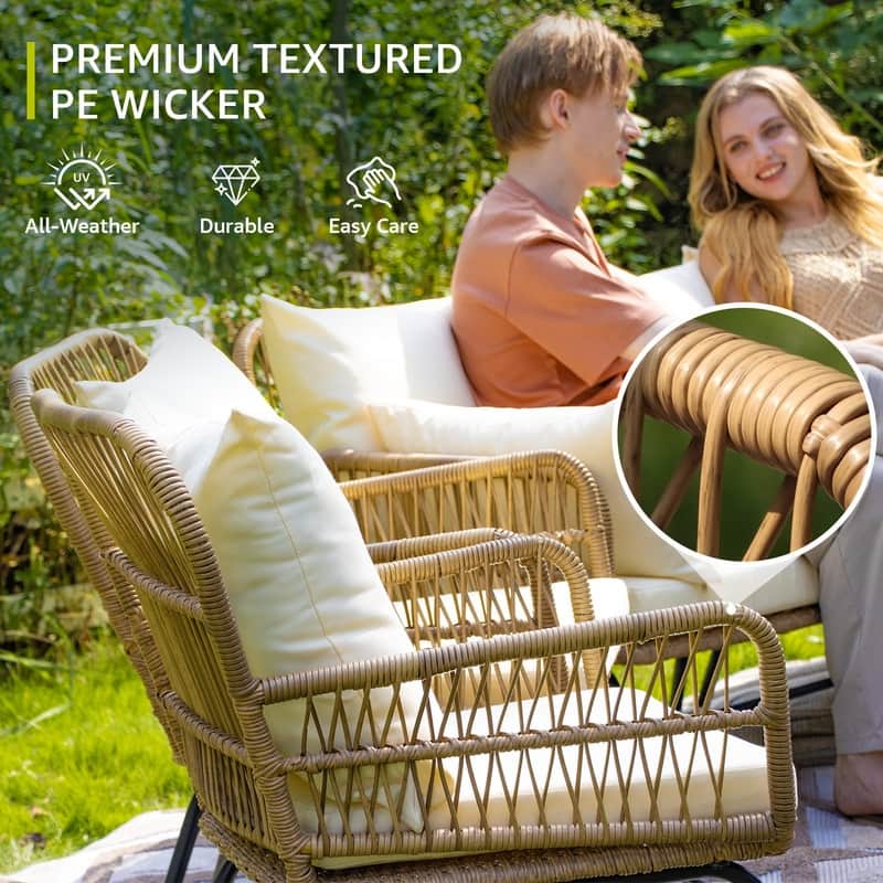 7 Piece Boho Patio Furniture Set with 2-Person Egg Chair, Outdoor Wicker Rattan Sectional Sofa with Lounge Chairs and Ice Bucket