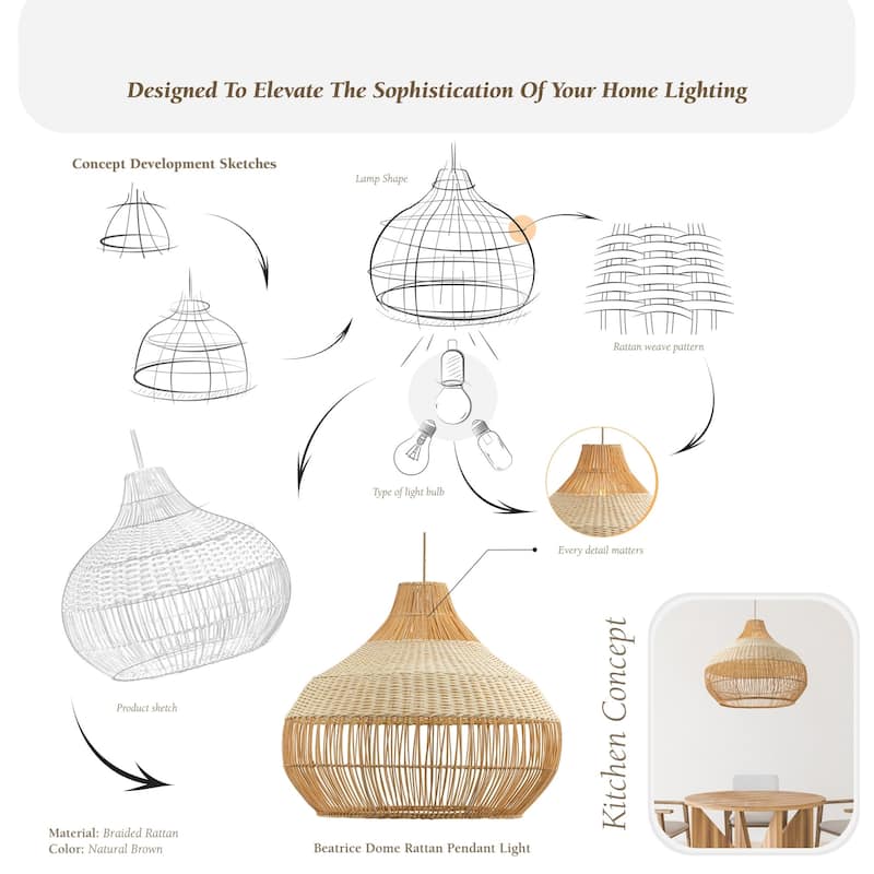 Beatrice Rattan Pendant Light - Natural Dome 1-Light Handwoven Hanging Light For Modern, Transitional, Farmhouse Room Decor