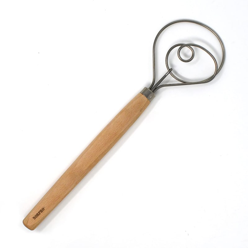 Norpro 12-inch Danish Dough Whisk, Wooden Dutch Whisk with Stainless Steel Dough Hook