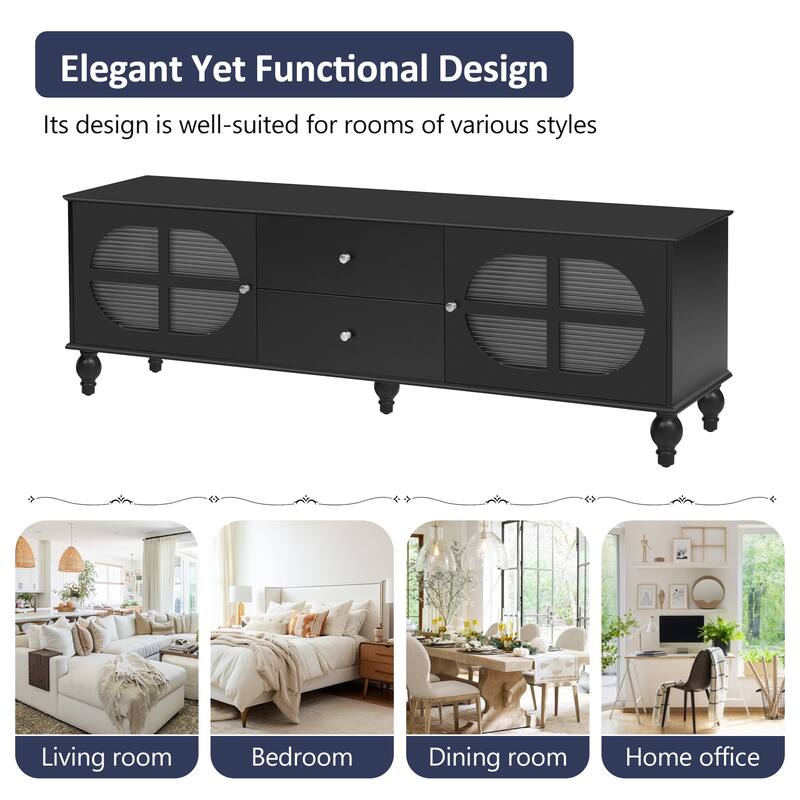 68.9" Rectangular Wooden TV Stand with Fluted Glass Doors, for TVs up to 75", Media Storage Console with 2 Drawers