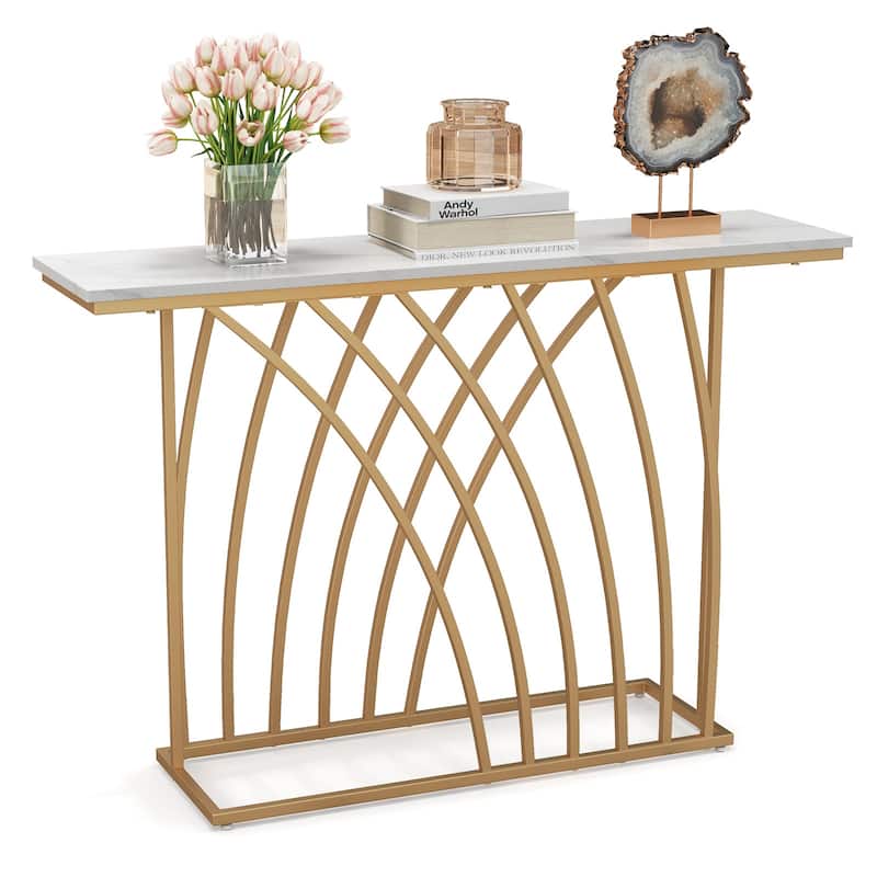 48" Gold Console Table with White Faux Marble Tabletop-White - 48" x 12" x 31.5"