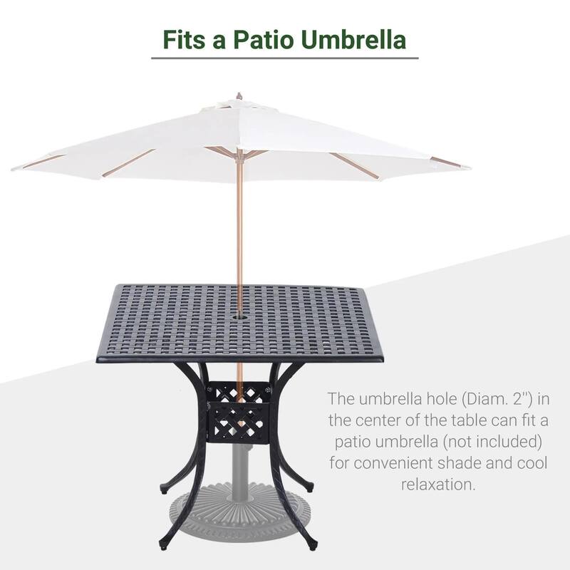 36-Inch Cast Aluminum Square Table with Umbrella Hole for Patio