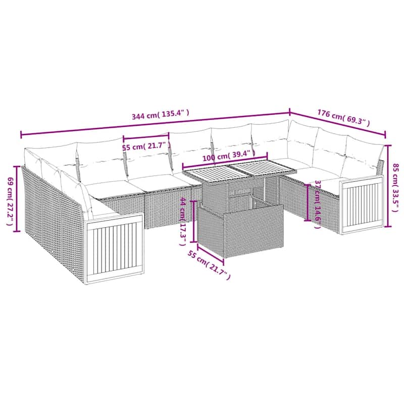 vidaXL 11 Piece Patio Sofa Set with Cushions Black/Gray Poly Rattan - 21.7 x 24.4 x 27.2