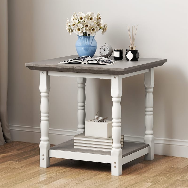 Moasis 2-Tier Wood Side Table with Storage Shelf for Living Room - White