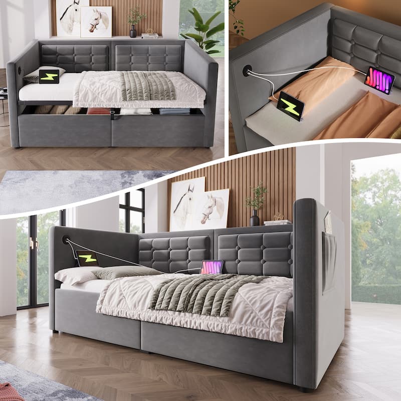 Velvet Tufted Upholstered Daybed Hydraulic Storage Twin Bed Frame with USB & Type-C Charging, Side Pockets and Wooden Slats