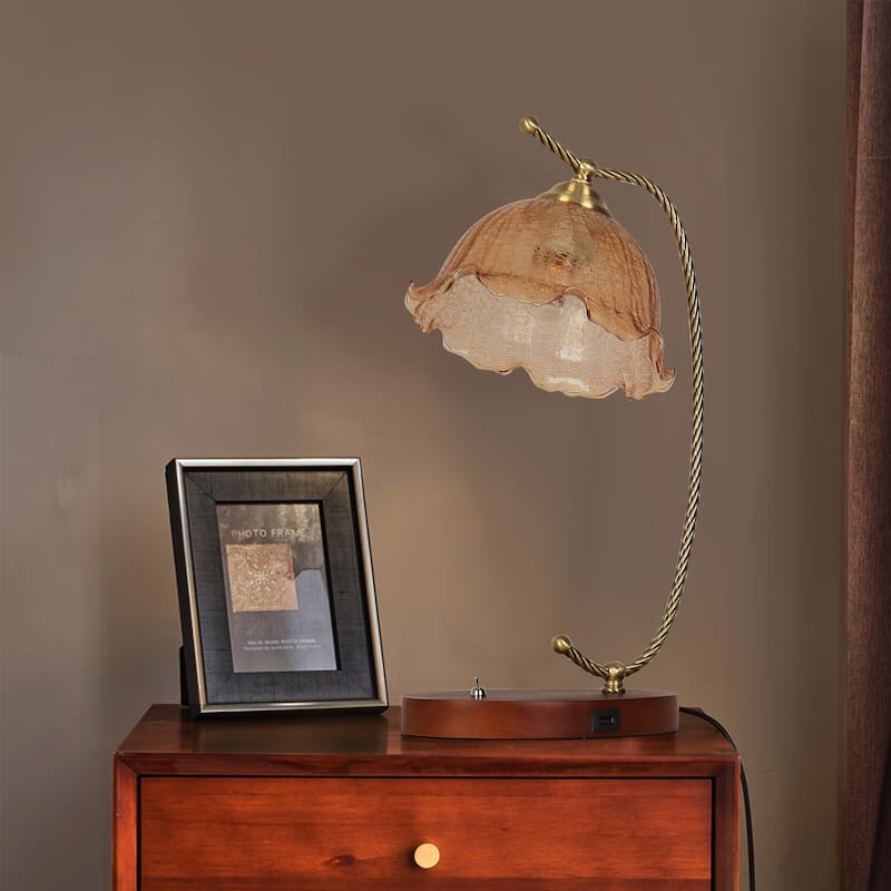 Desk Lamp Flower Antique Glass Accent Nightstand Table Light with USB charging port