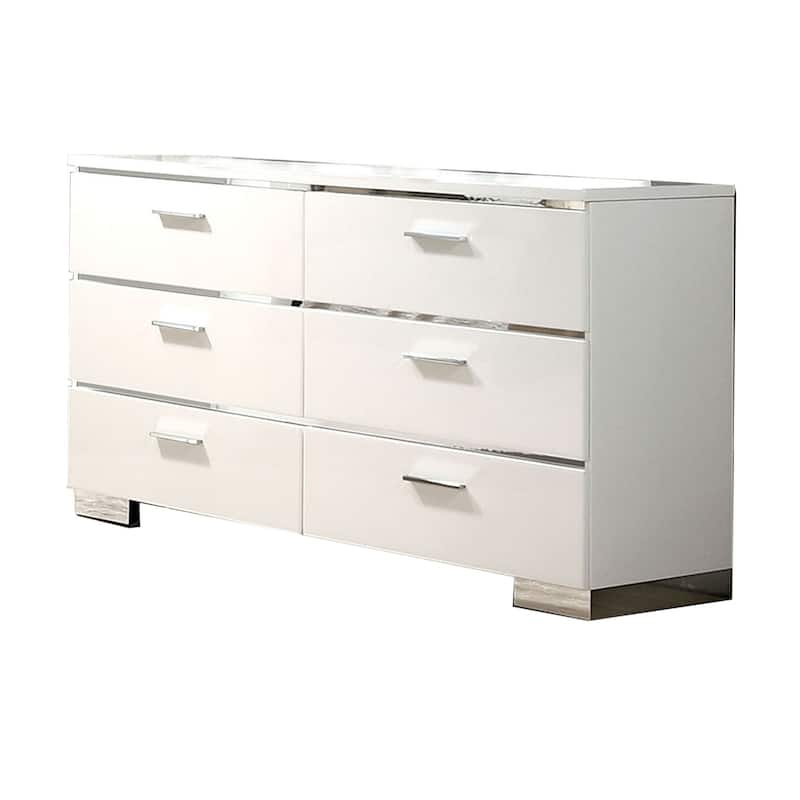 Wood and Metal Dresser with 6 Drawers and Block Leg, White and Silver