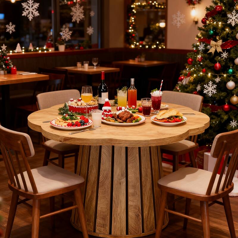 33.5" Round Coffee Table, Farmhouse Circle Center Table with Flower-Shaped Tabletop Wooden Accent Cocktail Table - N/A