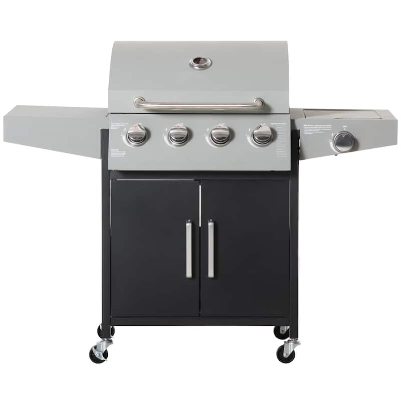 Outsunny 4+1 Burner Liquid Propane Gas Grill Outdoor Cabinet Style BBQ Trolley w/ Side Burner, Warming Rack, Thermometer