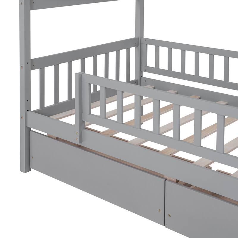 Wooden Twin Size House Bed Frame with 2 Drawers, Kids Playhouse Beds, Solid Pine Twin Creativity House Bed with Roof and Fence