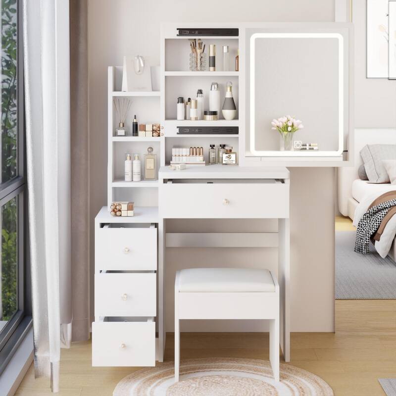 Vanity Desk with Touch Control Sliding LED Mirror, Vanity Set with Cushioned Stool, Makeup Table with Drawer and Storage Rack