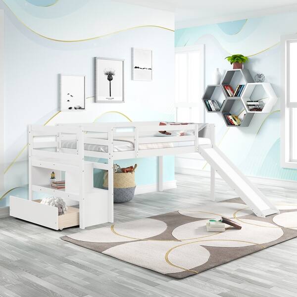 slide 2 of 9, White Twin Size Solid Wood Low Loft Bed with Stairs and Slide for Kids, Boys and Girls White