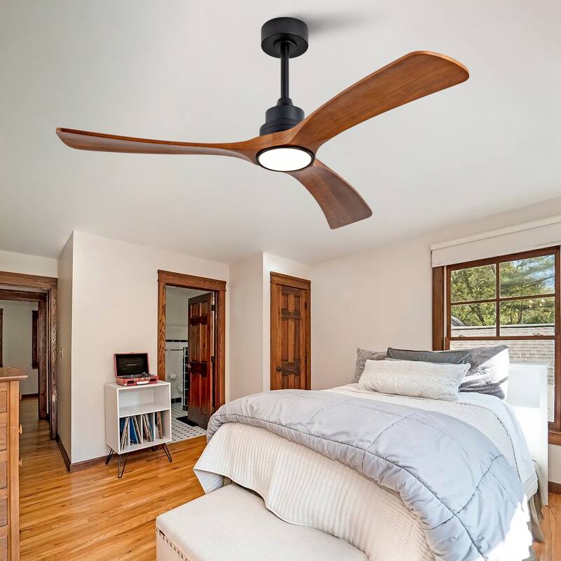 52 Inch Wood Ceiling Fan With 3 Solid Wood Blades Remote Control Reversible DC Motor For Living Room - Black