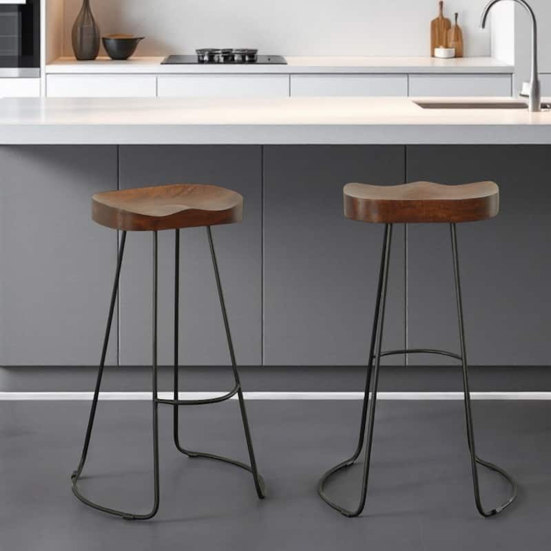 Set of Two 31" Chestnut and Black Solid Wood and Steel Backless Bar Height Bar Chairs