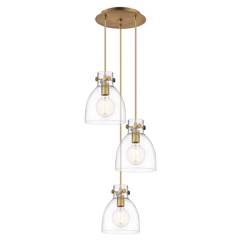 Innovations Lighting Newton Bell - 3 Light 8" Cord Hung Multi Pendant - 10" Canopy - Clear/Brushed Brass