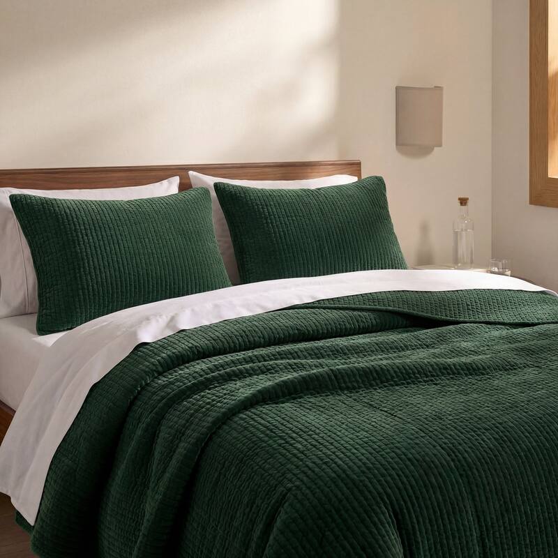 HiEnd Accents Stonewashed Cotton Velvet Traditional Bedding 3 Piece Quilt Set with Pillow Shams - Emerald - Queen
