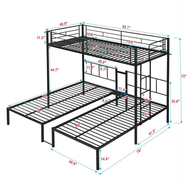 Twin Over Twin Over Twin Bunk Bed, Triple Bunk Bed w/Vertical Ladder, Metal Frame Bunk Bed w/Safety Rail, for School, Bedroom
