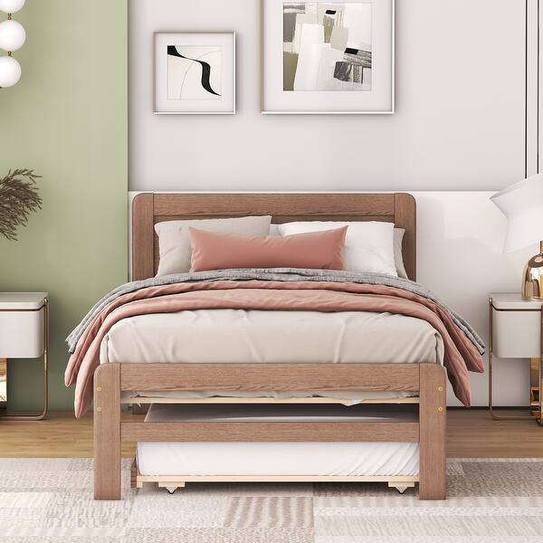 slide 2 of 12, Walnut Twin Bed with Trundle, Wood Bed Frame with Headboard and Footboard Wood Platform Captain Beds for Kids Teens Adults Walnut - Twin