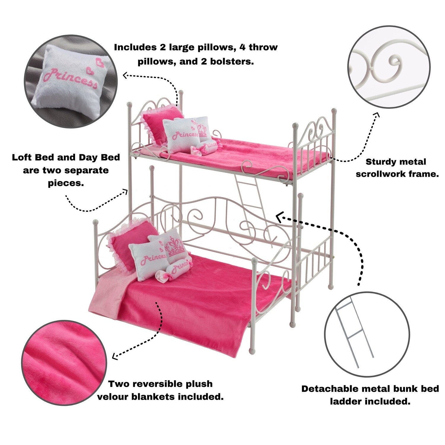 Scrollwork Metal Doll Loft Bed W Ith Daybed And Bedding W Hite Pink Fits American Girl My Life As Most 18 inch Dolls Bed Bath Beyond 37132916