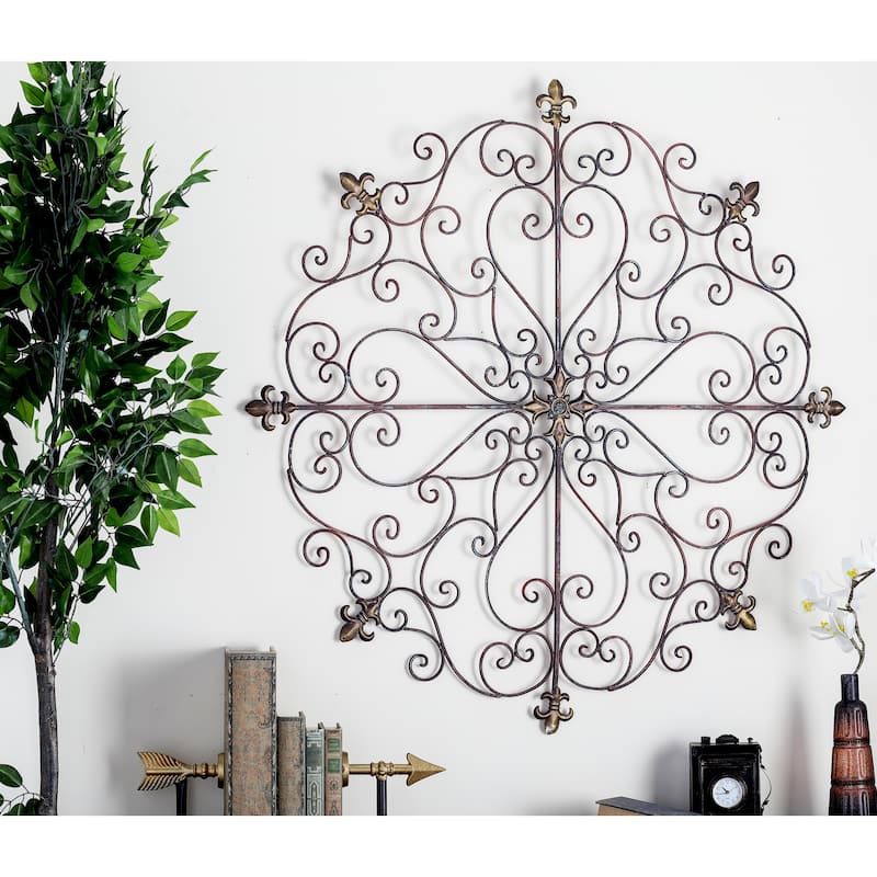 Brown Metal Scrolled Medallion Fleur De Lis Home Wall Decor - Brown