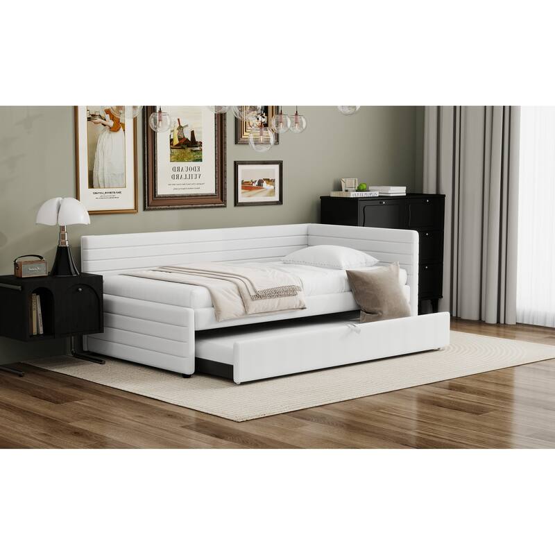 Twin Size Upholstered Daybed with Roll-Out Trundle, Space-Saving Wooden Frame, No Box Spring Needed