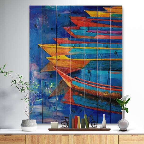slide 1 of 6, Designart 'Boats and Jetty at Pier in ' Sea & Shore Print on Natural Pine Wood - Blue
