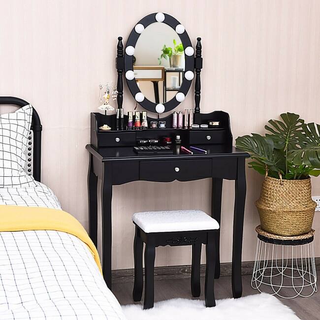 Oval Mirror Vanity Set with 10 LED Dimmable Bulbs and 3 Drawers - 29.5" x 16" x 56.5" (L x W x H)
