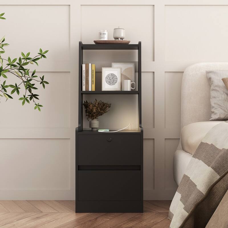 Nightstand with Charging Station, Smart Nightstand with Night Light, Modern Night Stand with Bookshelf