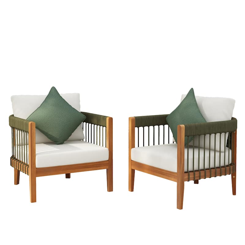 [Set of 2] Acacia Wood Outdoor Club Chair with Handwoven Rope Accents & Curved Backrest, Water-Resistant Boho Patio Lounge Chair