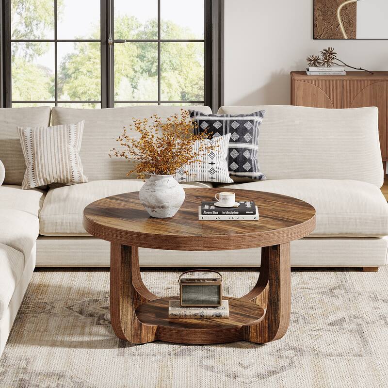 2-Tier Round Coffee Table, Wooden Accent Center Table for Living Room, Brown - Large