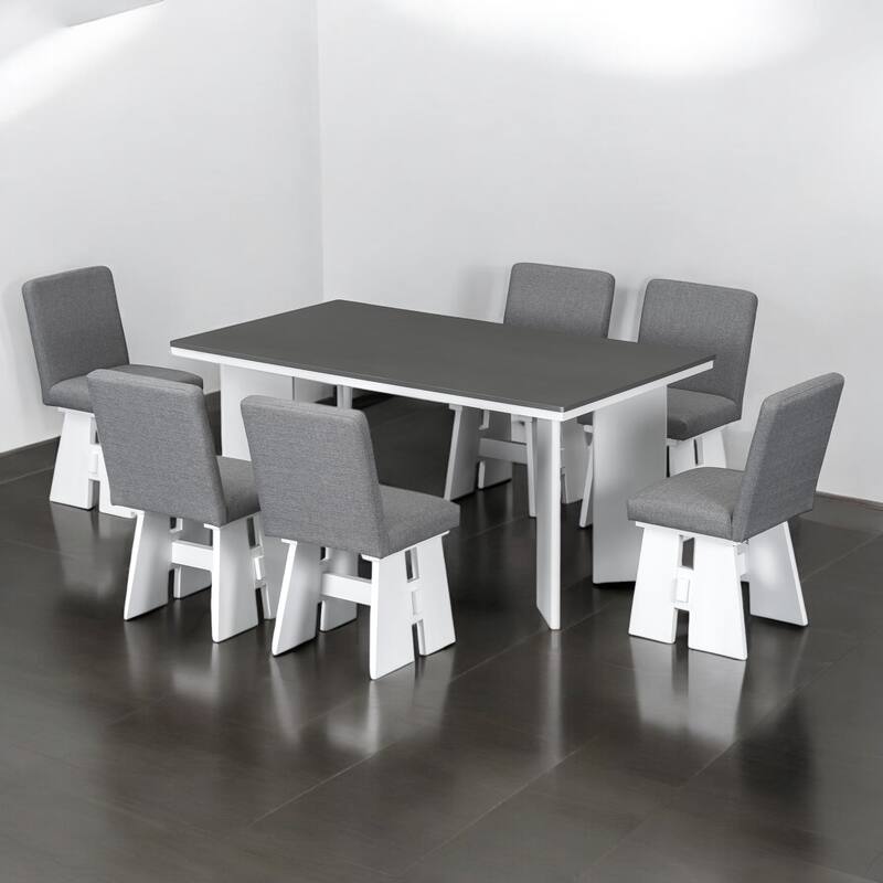 7-Piece Dining Table Set with 6 Upholstered Chairs, Solid Wood Farmhouse Design, Space-Saving, Modern Style for Dining Room