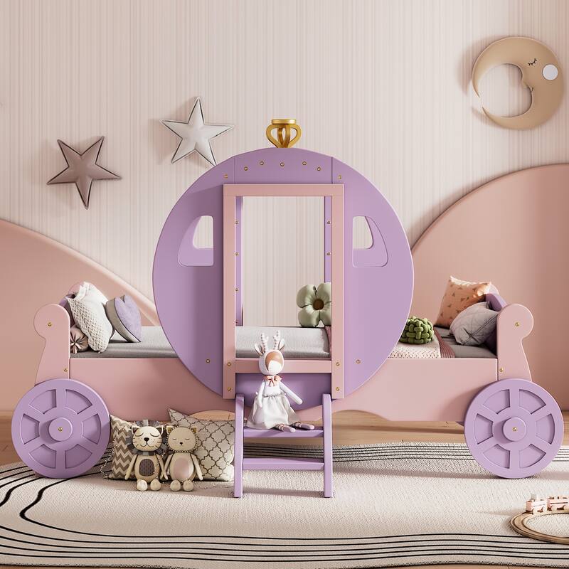 Twin Princess Carriage Bed with Crown and Wooden Platform, Includes Stairs