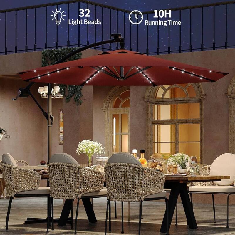 10FT Patio Outdoor Offset Umbrella with Lights for Deck Poolside Lawn Backyard