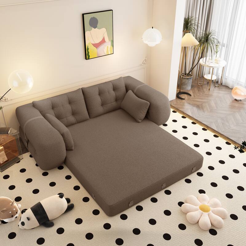 78.7" Foldable Sofa Bed, Teddy Fabric Convertible Floor Sofa Couch with Pillow, Upholstered Loveseat Sleeper Bed for Living Room - Brown