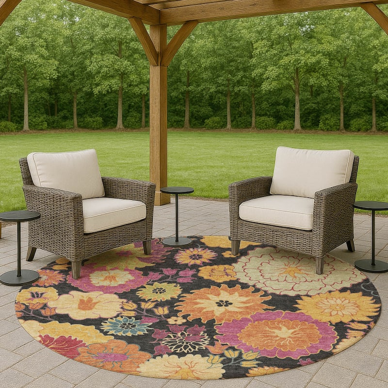 Machine Washable Indoor/ Outdoor Modern Floral Chantille Rug - Black - 8' x 8'