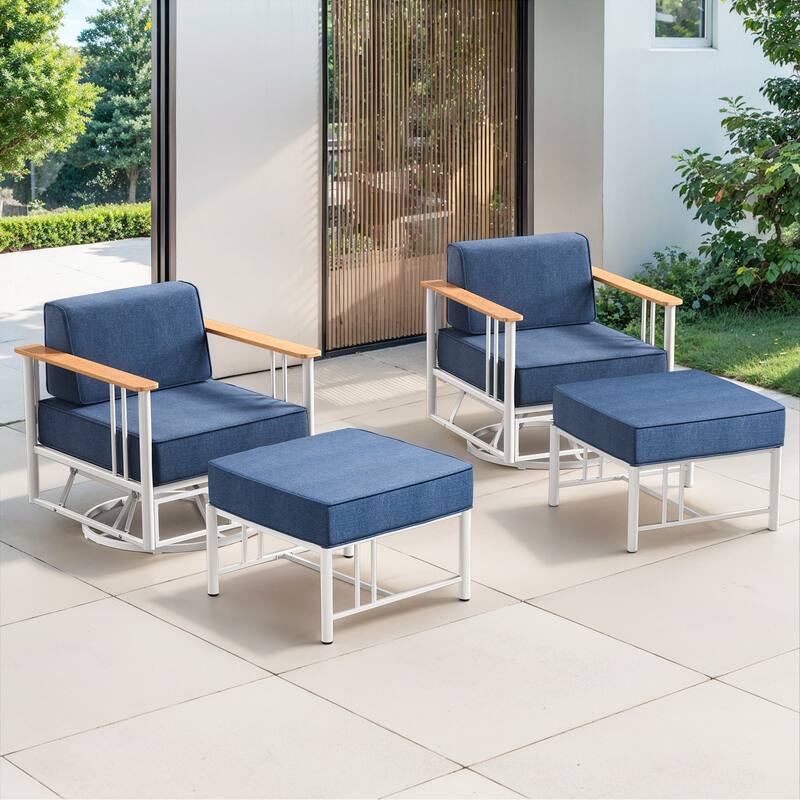 Puffin 4-Piece Black Metal Frame Outdoor Swivel Gliding Chairs with 6-Inch Dark Gray Cushions and Ottomans - Navy Blue - White