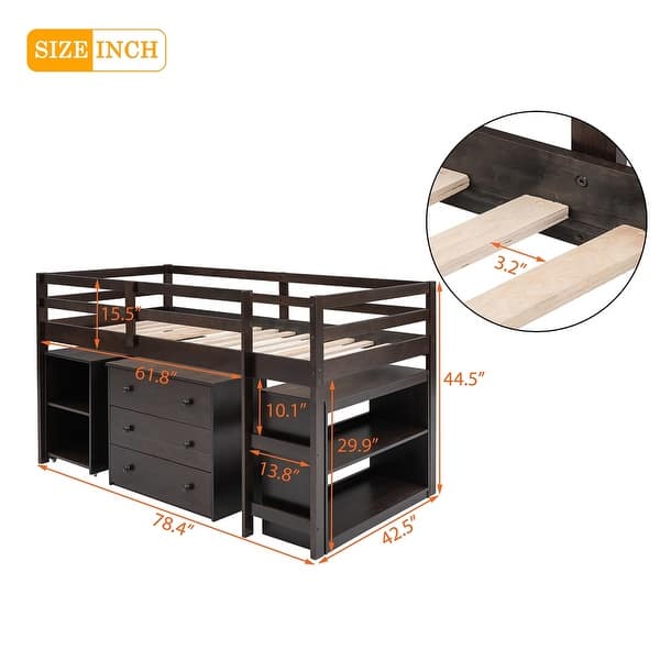 dimension image slide 5 of 6, Merax Twin Low Loft Bed with Desk and Cabinet