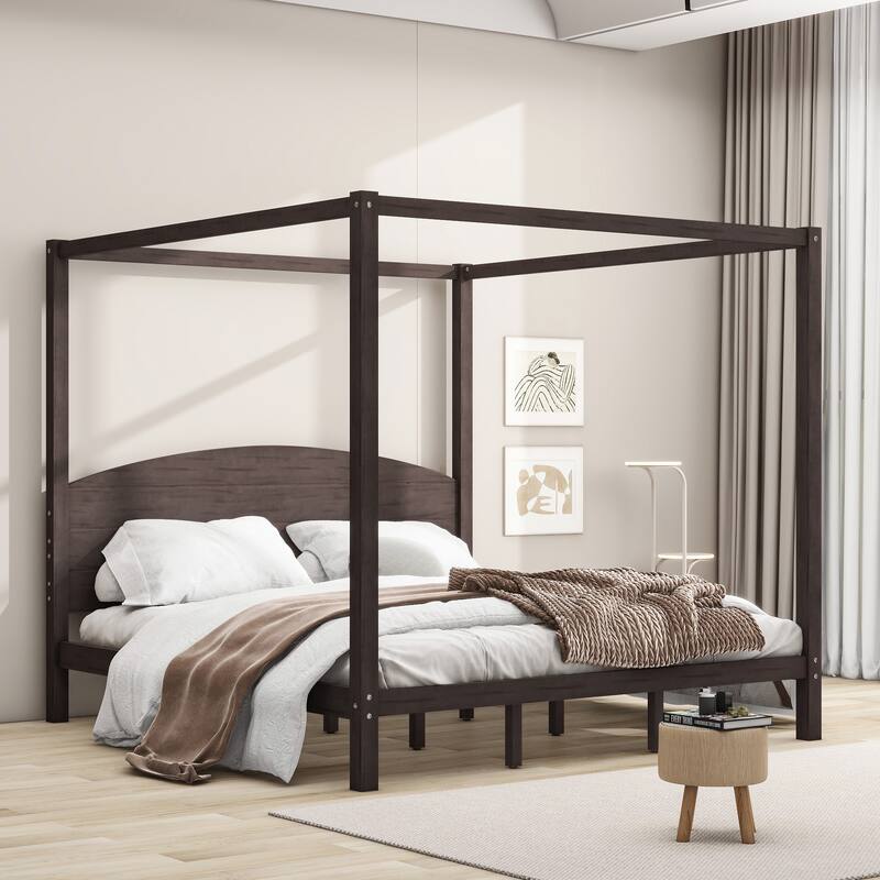 King Size Canopy Platform Bed with Headboard and Support Legs