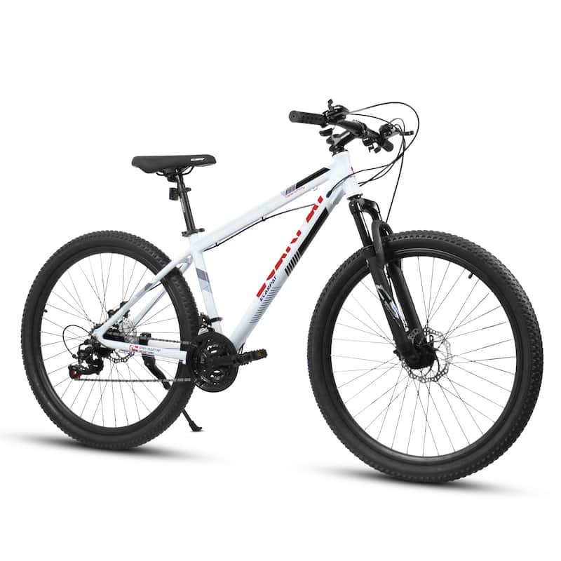 27 Inch Mountain Cycling Bike Aluminum Frame, 21 Speed City Road Commuting Bicycle w/Suspension Fork & Disc Brake for Kids Teens - White