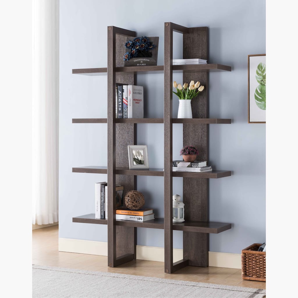 Wooden 4-Tier Tall Bookcase with Open Shelving, Walnut Oak