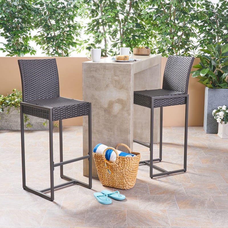 Roomfitters Set of 2 Outdoor Wicker Bar Stools, All-Weather Rattan Bar Chairs with Armrests, Durable and Comfortable Design - Dark Brown