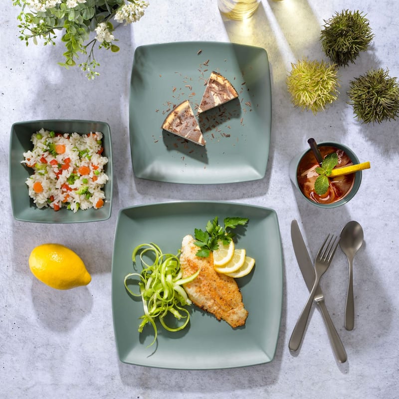Gibson Home Soho Grayson Square Melamine Dinnerware Set, Service for Four (16pcs), Grey