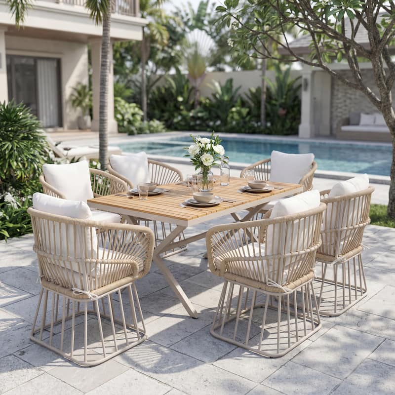 Christopher Knight Home - Outdoor Acacia Wood and Steel Dining Set with Wicker Weave Chairs & 55.12" Rectangular Dining Table