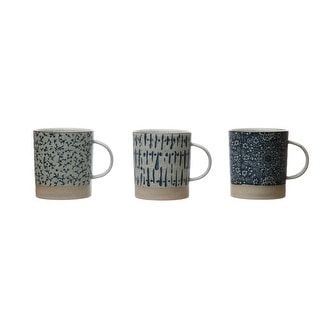 Hand-Stamped 16 oz. Stoneware Mug, Blue & Cream Color, 3 Styles