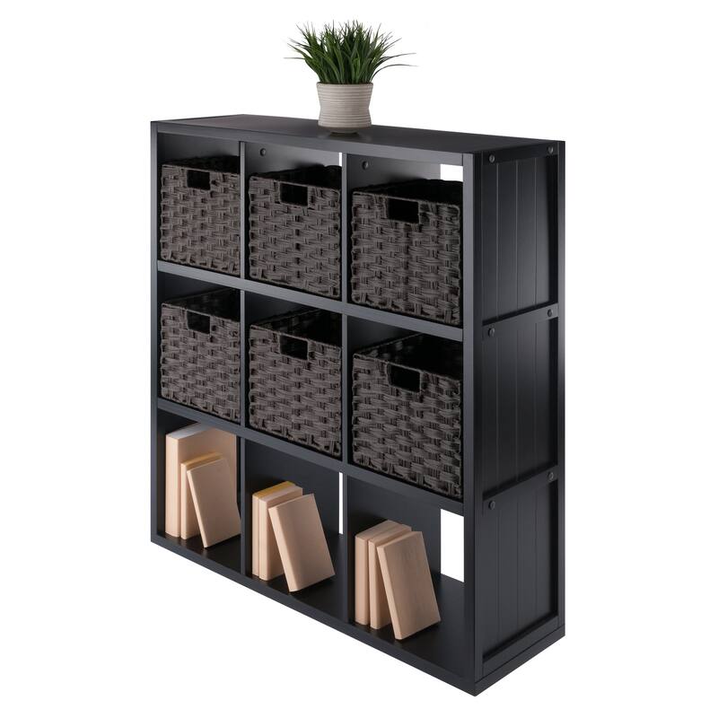 Timothy 7-Pc 3x3 Storage Shelf with 6 Foldable Woven Baskets, Black and Chocolate - 37.76 x 11.81 x 40.08 inches