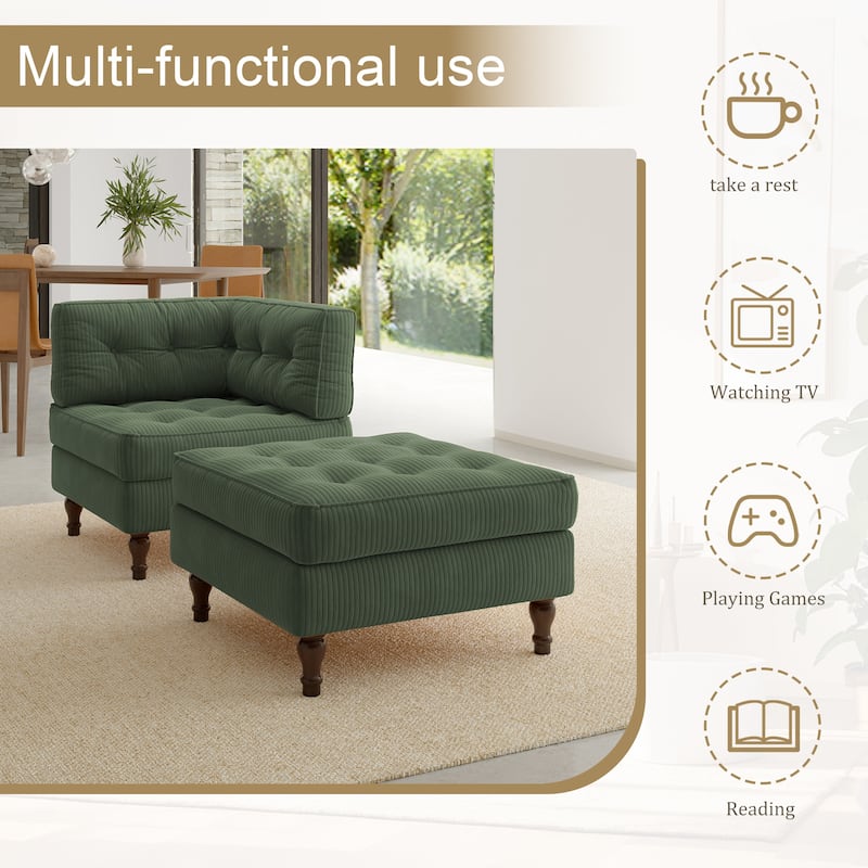 Corduroy Tufted Accent Chair Armchair and Ottoman Set